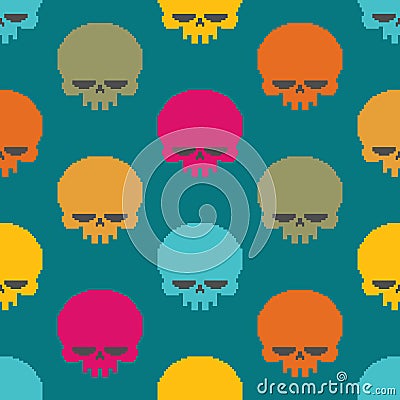 Skull pixel art seamless pattern. head of skeleton pixelated background. Retro 8 bit texture Vector Illustration