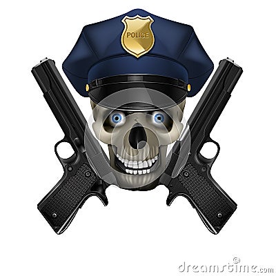 Skull in a police cap and pistol Vector Illustration
