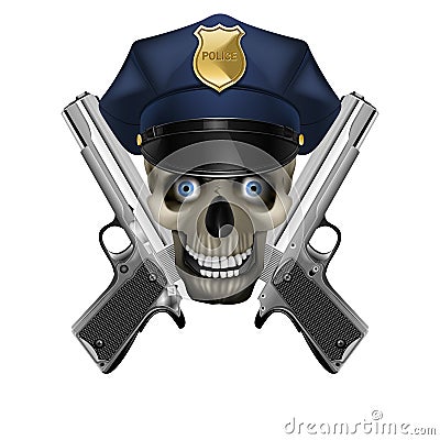 Skull in a police cap and silver pistol Vector Illustration