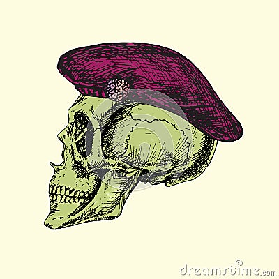 Skull in purple beret with pink jewelry brooch, hand drawn doodle Cartoon Illustration