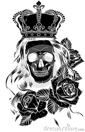 black silhouette of Skull of queen hand drawn illustration. Tattoo vintage print. Crown, roses and skull sketch Vector Illustration
