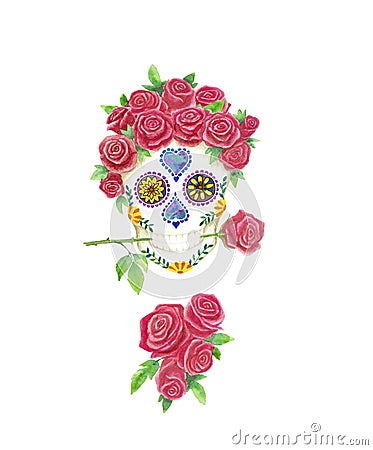 Skull and Roses flower crown, watercolor illustration, day of the dead Cartoon Illustration