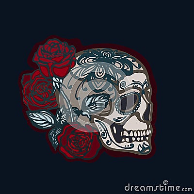 Skull with roses. The symbol of the Mexican holiday Day of the Dead. Halloween. Dia De Los Muertos. Hand drawn. Vector Illustration