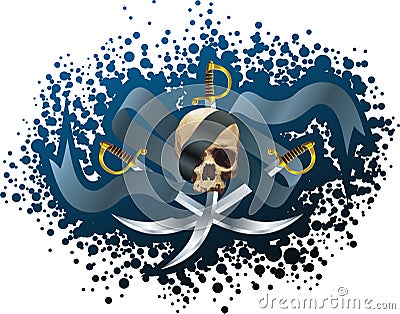 Skull, sabers and ribbon Vector Illustration