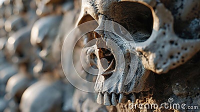 A skull is sitting on top of a wall made out of skulls, AI Stock Photo