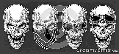 Skull smiling with bandana and glasses for motorcycle. Black vintage vector illustration. For poster and tattoo biker club. Vector Illustration