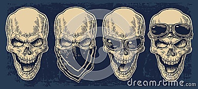 Skull smiling with bandana and glasses for motorcycle. Vector Illustration