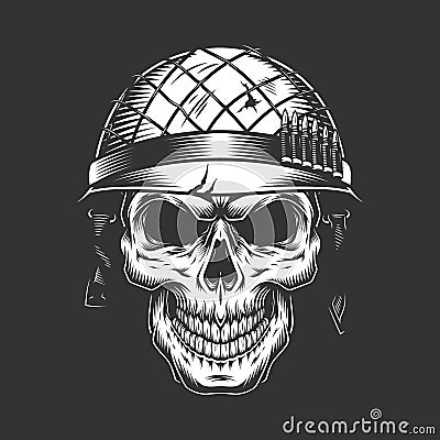 Skull in soldier helmet monochrome concept Vector Illustration