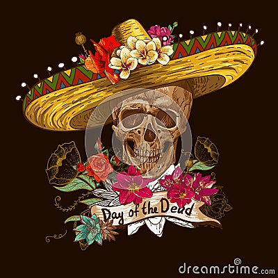 Skull in sombrero with flowers Day of The Dead Vector Illustration