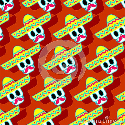Skull in sombrero pattern seamless. day of dead in mexico background. Dia de los Muertos Mexican holiday texture Vector Illustration