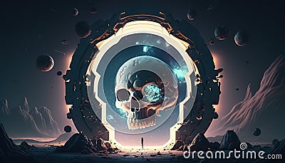 skull space portal, digital art illustration, Generative AI Cartoon Illustration