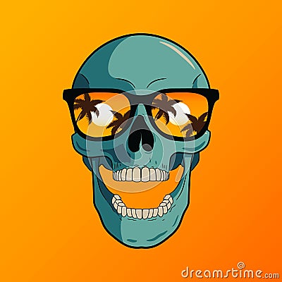 Skull in sunglasses on the beach vector illustration. Vector Illustration