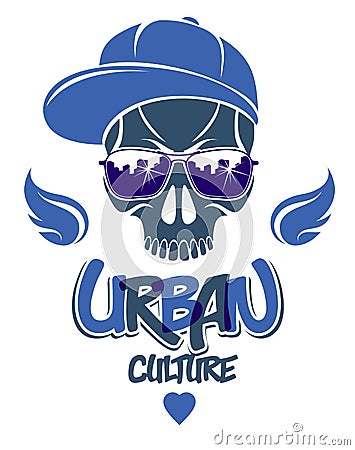 Skull in sunglasses and hat, urban theme vector logo or emblem, gangster or thug illustration, anarchy chaos hooligan, ghetto Vector Illustration