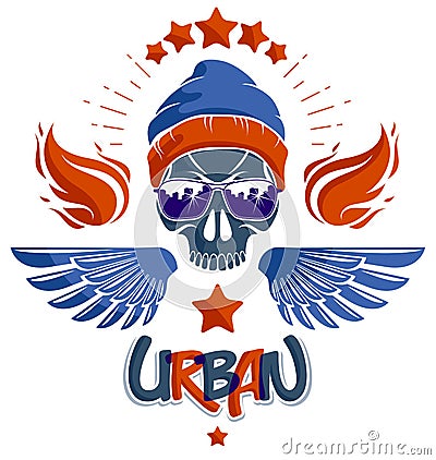 Skull in sunglasses and hat, urban theme vector logo or emblem, gangster or thug illustration, anarchy chaos hooligan, ghetto Vector Illustration