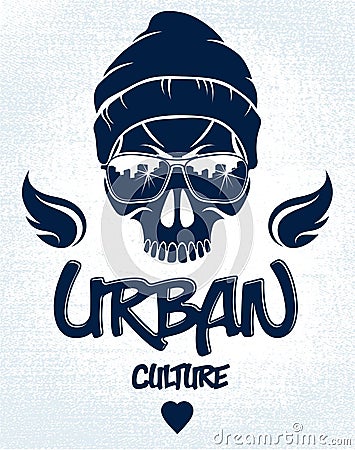 Skull in sunglasses and hat, urban theme vector logo or emblem, gangster or thug illustration, anarchy chaos hooligan, ghetto Vector Illustration