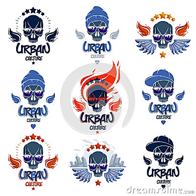 Skull in sunglasses and hat, urban theme vector logos or emblems set, gangster or thug illustrations, anarchy chaos hooligan, Vector Illustration