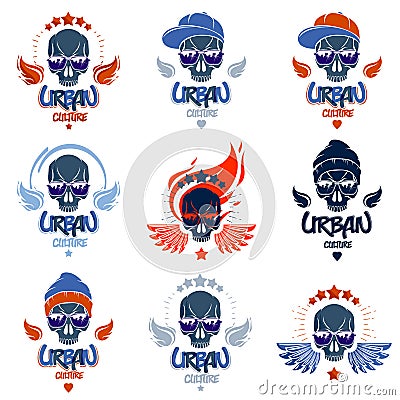 Skull in sunglasses and hat, urban theme vector logos or emblems set, gangster or thug illustrations, anarchy chaos hooligan, Vector Illustration