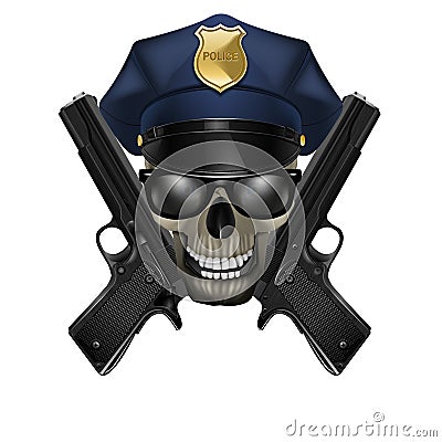 Skull with sunglasses in a police cap and pistol Vector Illustration