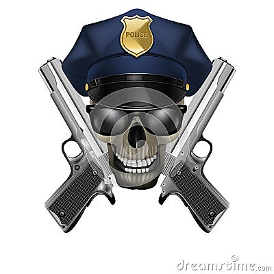 Skull with sunglasses in a police cap and silver pistol Vector Illustration