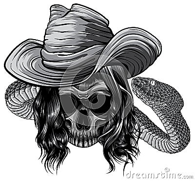 monochromatic skull twisted by a snake with bones vector Vector Illustration