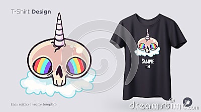Skull unicorn with rainbow eyes t-shirt design. Print for clothes, posters or souvenirs. Vector Vector Illustration