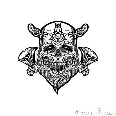 Skull Viking Warrior with Axe monochrome Vector Illustration