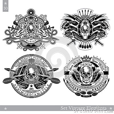 Skull with vintage elements, weapon, pattern. Set of vintage and nautical banners on white Vector Illustration