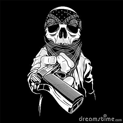 A skull wearing a bandana hands over a gun,vector Vector Illustration