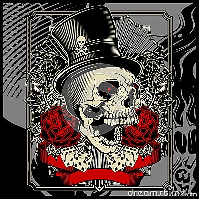 Skull wearing hat and dice rose decoration -vector Vector Illustration