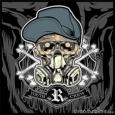 Skull wearing hat and gas mask vector Vector Illustration