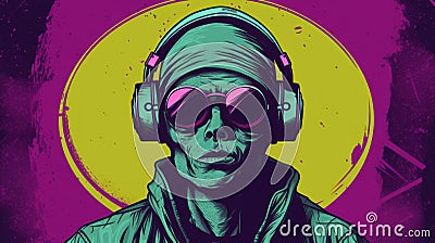 A skull wearing headphones and sunglasses on a purple background, AI Stock Photo