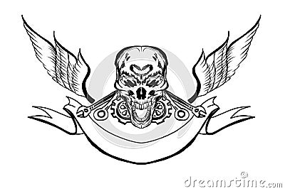 Skull with wing and tool on label background. Sticker and printing for biker.bigbike and skull Vector Illustration