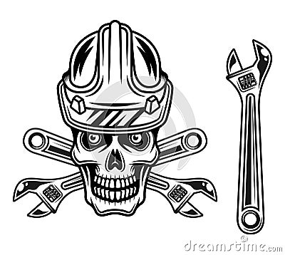 Skull of worker in hard hat with adjustable wrench vector objects or design elements in monochrome style isolated on Vector Illustration