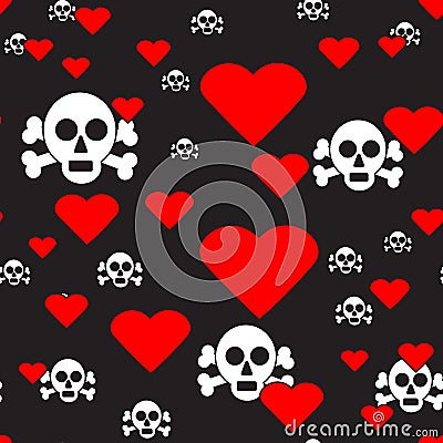 Skulls and Hearts on Black Seamless Pattern Vector Illustration