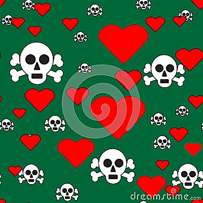 Skulls and Hearts on Green Seamless Pattern Vector Illustration