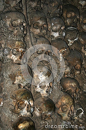 Skulls inside of the Chapel of Bones Capela dos Ossos in de San Francisco church Igreja do Sao Francisco in Evora, Portugal Stock Photo