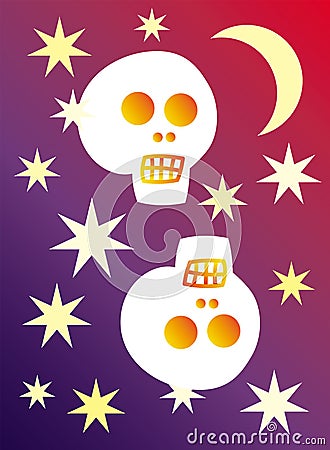 2 skulls on the purple and red background, moon and stars. Horror and fear for the holiday of Halloween. Vector Illustration
