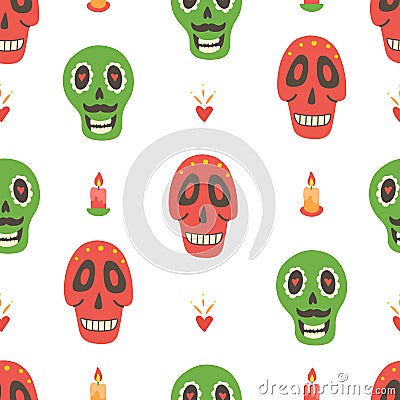 Skulls seamless pattern with candles and hearts. Dia de los Muertos card. Day of the Dead mexican background. Mexico Vector Illustration