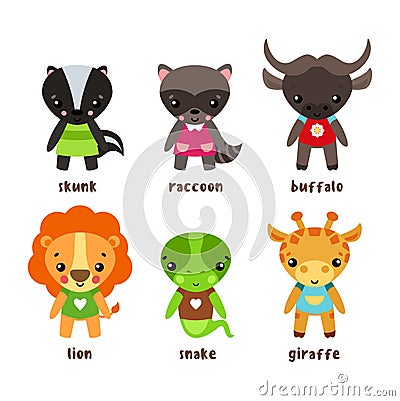 Skunk and giraffe, raccoon and snake, lion, bison Vector Illustration