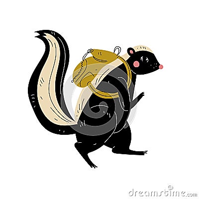 Skunk Walking with Backpack, Animal Character Having Hiking Adventure Travel or Camping Trip Vector Illustration Vector Illustration