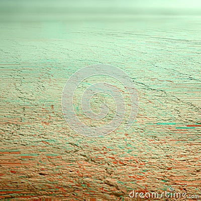 Sky above the clouds in gradient and green-blue orange colors with glitch effect and screen texture. Poster background Stock Photo