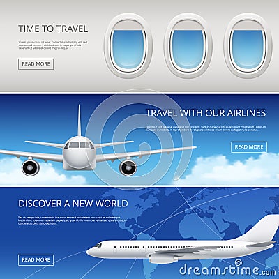 Sky airplane tourism banners. Civil aviation pictures of blue sky and aircraft windows wings vector illustrations place Vector Illustration