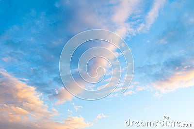 Sky background, bright blue sky landscape, pink clouds under sunlight Stock Photo