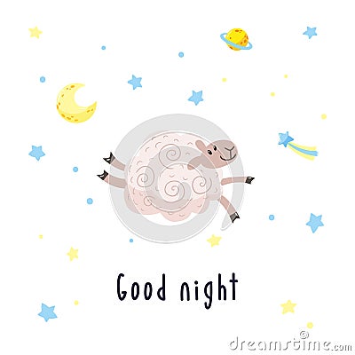Sky background with cartoon sheep, moon, stars and comet. Vector illustration with cute lamb and inscription Good night Vector Illustration