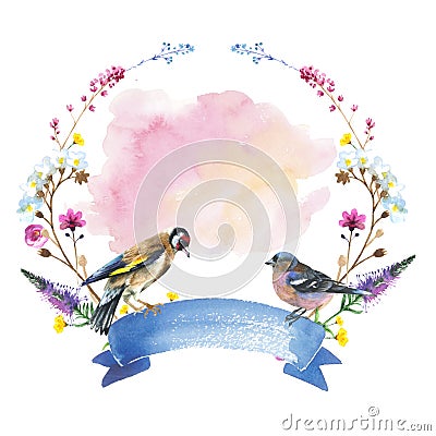 Sky bird sparrow in a wildlife wreath by watercolor style isolated. Stock Photo