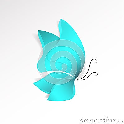 Sky-blue butterfly paper-cut style with shadow isolated on white background. Abstract nature design object. Symbol of Vector Illustration