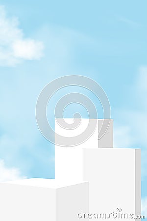 Sky Blue and Cloud with White Podium Step,Platform 3d Mockup Display Step for Summer Cosmetic Product Presentation for Sale, Vector Illustration