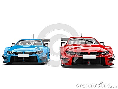 Sky blue and raging red super race cars Stock Photo