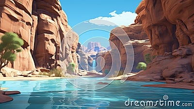 sky canyon oasis desert Cartoon Illustration