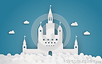 Sky castle on cloud papercraft. Abstract and fantasy theme background. Digital craft and origami concept Vector Illustration